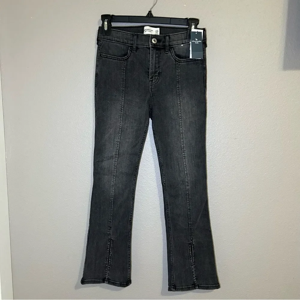 NEW Abercrombie Kids Black High Rise Split Hem Flare Jeans Girl’s Size 11 / 12